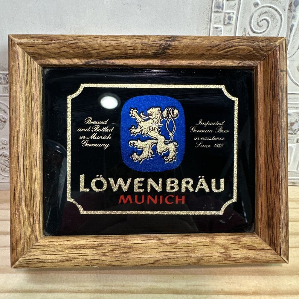 Vintage LOWENBRAU Special Beer Glass Sign Framed Mirror 5.75”x4.75” Mini 💙